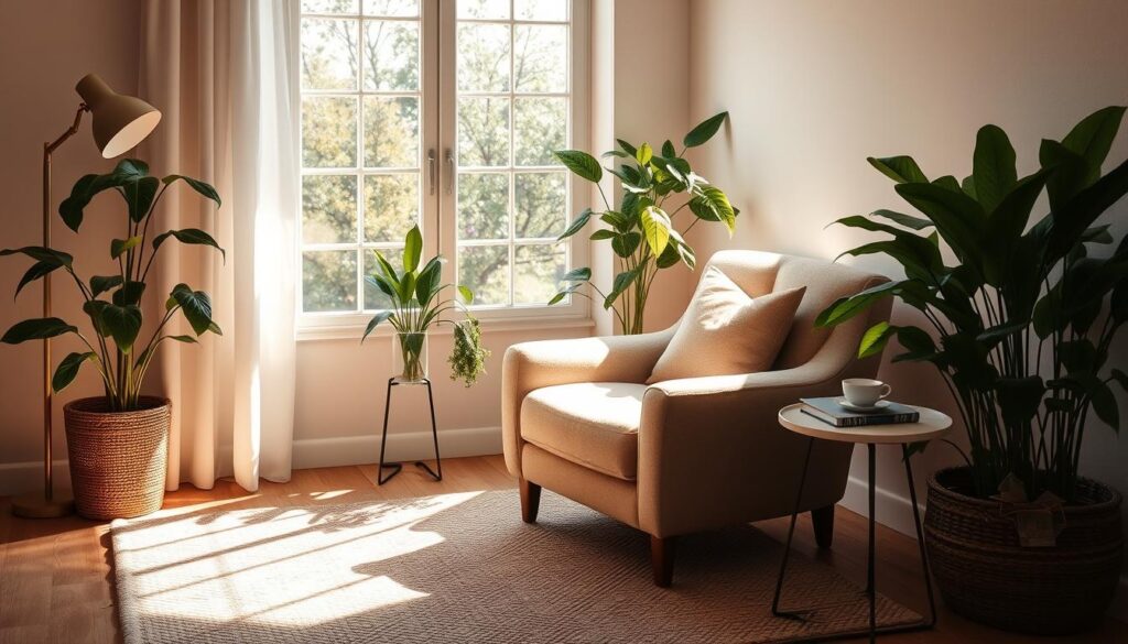A cozy, sun-drenched corner with a plush armchair and a soft, textured rug. A large window fills the space with natural light, casting a warm glow. Lush potted plants and a small side table with a teacup and book add to the serene ambiance. Soft, diffused lighting from a floor lamp creates a soothing, relaxing atmosphere. The scene evokes a sense of tranquility and mindfulness, inviting the viewer to pause, unwind, and recharge.
