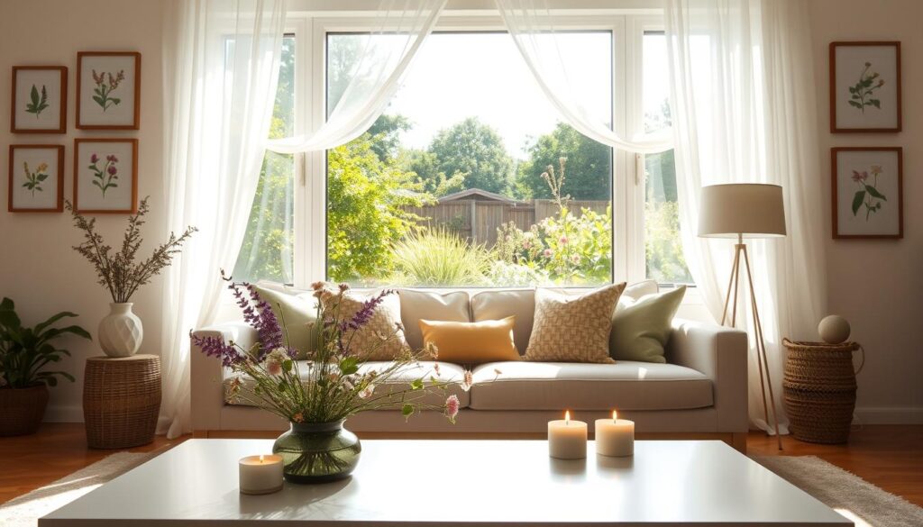 A cozy, sun-drenched living room with an array of energy-efficient decorations. In the foreground, a sleek, minimalist coffee table is adorned with a bouquet of wildflowers and a set of tealight candles. Framing the scene, sheer white curtains billow gently in the warm summer breeze, casting a soft, diffused light. On the walls, a collection of botanical prints in understated frames. In the background, a large window overlooks a lush, verdant garden, inviting the outdoors in. The overall ambiance is one of tranquility and effortless elegance, perfectly capturing the essence of energy-saving seasonal decor.