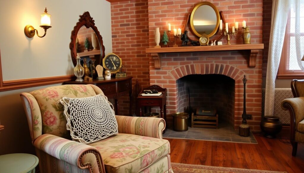 A cozy vintage living room, bathed in warm, soft lighting from antique brass wall sconces. In the foreground, a timeworn but lovingly restored armchair, its floral upholstery complemented by a crocheted throw pillow. Midground features a wooden side table bearing a collection of bygone trinkets and a brass-framed mirror. The backdrop showcases a brick fireplace mantel adorned with a vintage clock, candles, and carefully curated knickknacks. Distressed hardwood floors, a patterned area rug, and lace curtains complete the inviting, nostalgic atmosphere.