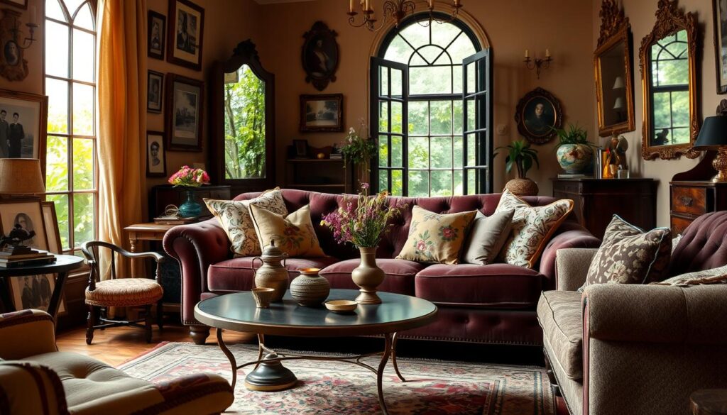 A cozy vintage living room with warm lighting and a soft, inviting atmosphere. In the foreground, a plush, tufted sofa in a rich, jewel-toned velvet, accented with an assortment of mismatched throw pillows in floral and geometric patterns. On the coffee table, a vintage brass vase filled with fresh wildflowers. In the middle ground, a faded Persian rug in muted hues, anchoring the space. Along the walls, a collection of framed black-and-white photographs, antique mirrors, and ornate wall sconces. In the background, a tall, arched window overlooking a lush, verdant garden, filtering in natural light and creating a tranquil, timeless ambiance.