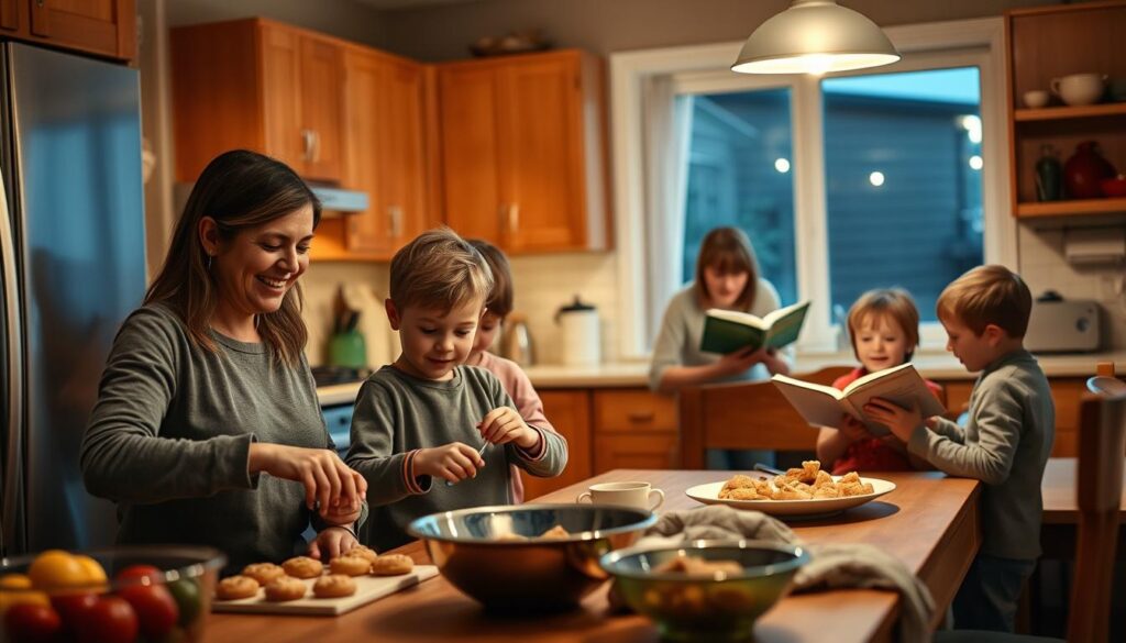 A cozy, warm-lit family kitchen, filled with the aroma of homemade meals. In the foreground, a parent and child bake cookies together, their faces alight with joy and concentration. In the middle ground, siblings set the table, chatting and laughing as they work in sync. The background reveals a parent reading a bedtime story to a younger child, casting a soft, soothing glow. The scene captures the rhythms of daily life - the small, intimate moments that build connection and foster a sense of belonging within the family. A cozy, warm-lit family kitchen, filled with the aroma of homemade meals. In the foreground, a parent and child bake cookies together, their faces alight with joy and concentration. In the middle ground, siblings set the table, chatting and laughing as they work in sync. The background reveals a parent reading a bedtime story to a younger child, casting a soft, soothing glow. The scene captures the rhythms of daily life - the small, intimate moments that build connection and foster a sense of belonging within the family.