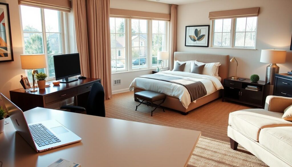 A cozy, well-appointed home office and guest room combination. In the foreground, a sleek, minimalist desk with a modern laptop, tasteful decor, and ergonomic chair. In the middle ground, a plush queen-sized bed dressed in crisp, neutral linens, complemented by nightstands and lamps. The background features large windows flooding the space with warm, natural light, highlighting the blend of professional and residential elements. The overall atmosphere is one of productivity and relaxation, with a sophisticated, inviting ambiance achieved through the harmonious integration of office and guest room furnishings.