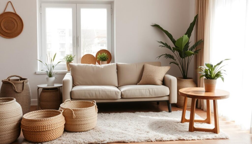 A cozy, well-appointed living room with natural textures and calming hues. A plush, neutral-toned sofa sits before a large window, allowing soft, diffused sunlight to bathe the space. Woven baskets, potted plants, and a fluffy area rug create a sense of warmth and relaxation. The room is adorned with wooden accents, such as a sleek side table and a rustic coffee table, complementing the earthy tones. Gentle shadows and highlights accentuate the tactile materials, inviting the viewer to experience the tranquil ambiance through touch and sight. An atmosphere of peaceful serenity pervades the scene, conveying a harmonious haven for the senses.