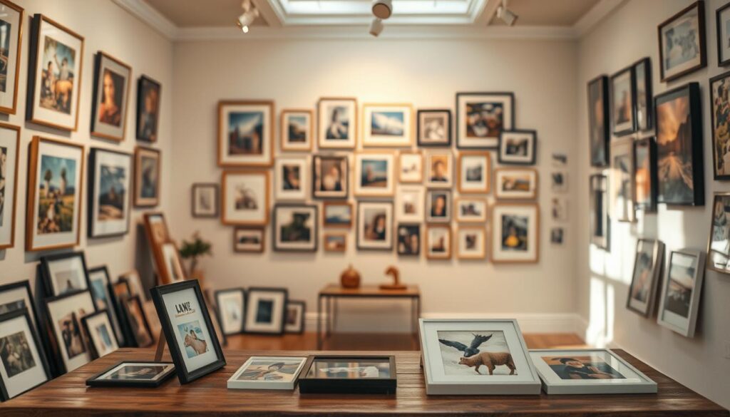 A cozy, well-lit art gallery, the walls adorned with a meticulously planned gallery wall. In the foreground, a wooden table displays an array of framed artwork, carefully selected and arranged to create a cohesive narrative. The middle ground features the gallery wall, a harmonious composition of various-sized frames, each showcasing a unique piece - perhaps a mix of abstract paintings, family portraits, and travel photography. The background is softly lit, highlighting the textures of the wall and adding depth to the scene. The overall atmosphere is one of thoughtful curation, where each element contributes to the storytelling experience.