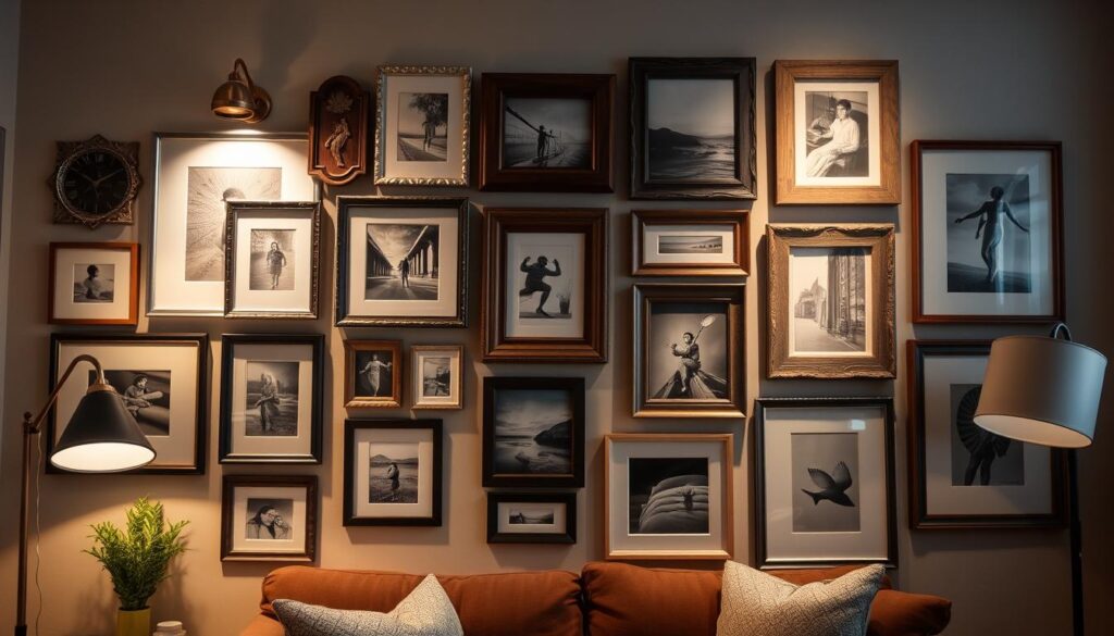 A cozy, well-lit gallery wall featuring an eclectic mix of framed artwork, photographs, and decorative pieces. The frames range from sleek, modern metal to rustic, weathered wood, arranged in a visually compelling asymmetrical layout. Soft, directional lighting from sconces and floor lamps creates a warm, inviting atmosphere, highlighting the textures and details of the various frame materials. The mats surrounding the artwork are a mix of neutral tones, adding depth and balance to the composition. The overall feel is one of artful, personal curation, with each element thoughtfully chosen to tell a unique story.