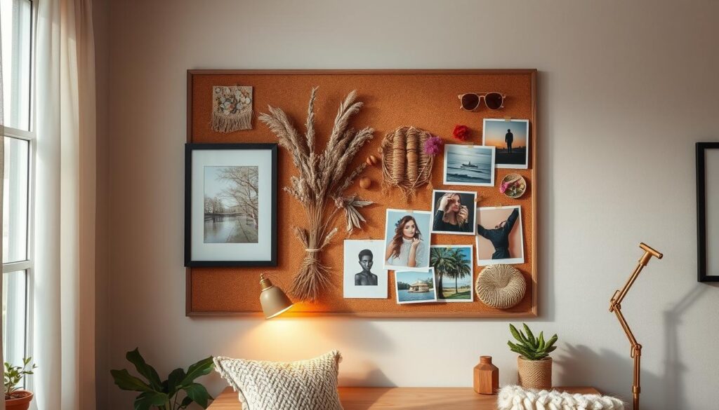 A cozy, well-lit home office space featuring a mood board display on the wall. The mood board showcases a harmonious blend of natural textures, earthy tones, and pops of vibrant colors. Framed artwork, dried florals, textured fabrics, and inspirational photographs are pinned to a cork board, creating a visually striking and inviting display. Soft, diffused lighting illuminates the scene, casting a warm glow and highlighting the layered textures. The room's decor exudes a sense of creativity, coziness, and a thoughtful approach to curating a personalized living space.