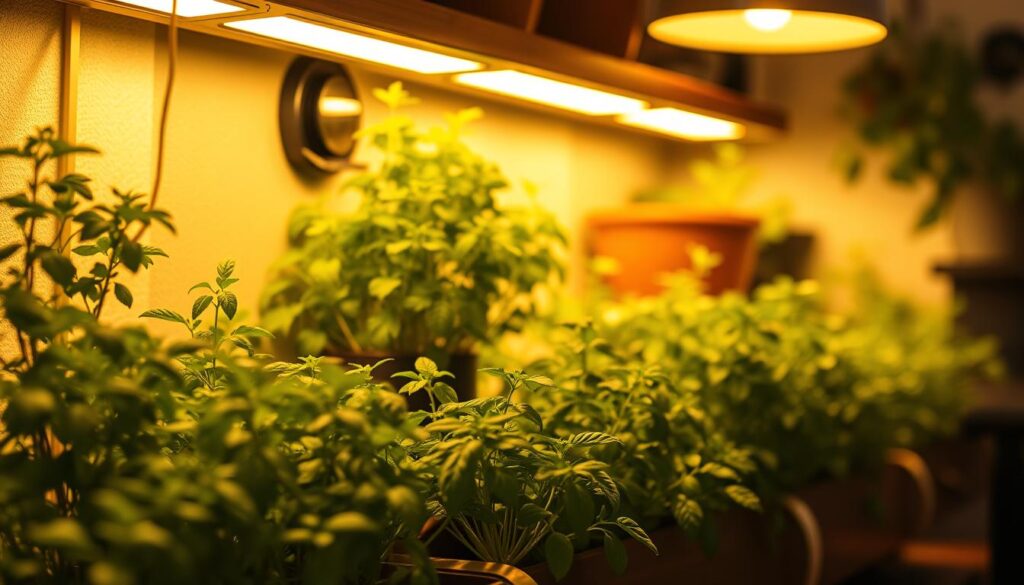 A cozy, well-lit indoor herb garden, capturing the perfect ambiance for your kitchen. Lush, vibrant foliage thrives under the soft glow of adjustable LED fixtures, strategically placed to highlight the natural textures and colors of the herbs. The scene is bathed in a warm, golden light, creating a serene and inviting atmosphere. Carefully positioned shelves or hanging planters showcase the herbs, inviting you to reach out and pluck the fresh leaves. The overall composition conveys a sense of harmony, where the natural world and modern living seamlessly coexist, inspiring you to nurture your own indoor oasis.