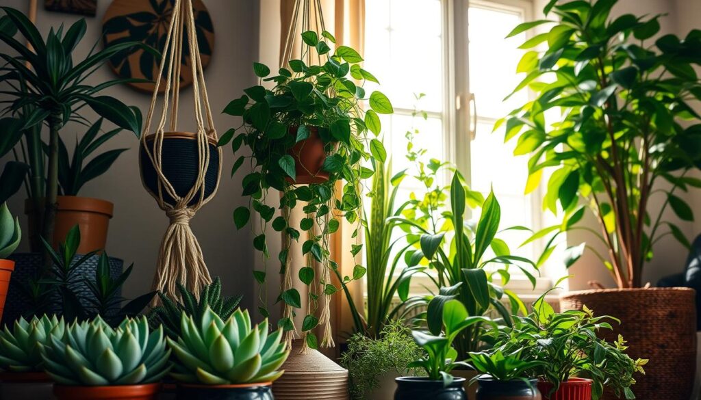 A cozy, well-lit indoor plant display with a variety of lush, pet-friendly houseplants. In the foreground, a cluster of resilient succulents, including jade and echeveria, arranged artfully in ceramic pots. In the middle ground, a large, trailing pothos plant cascading from a hanging macrame planter, its vines draped elegantly. In the background, a tall, leafy fiddle-leaf fig tree stands proudly, its verdant foliage adding depth and texture to the scene. Soft, warm lighting from a nearby window bathes the plants in a gentle glow, creating a serene, inviting atmosphere. The plants appear healthy and vibrant, perfectly suited for a pet-friendly home.