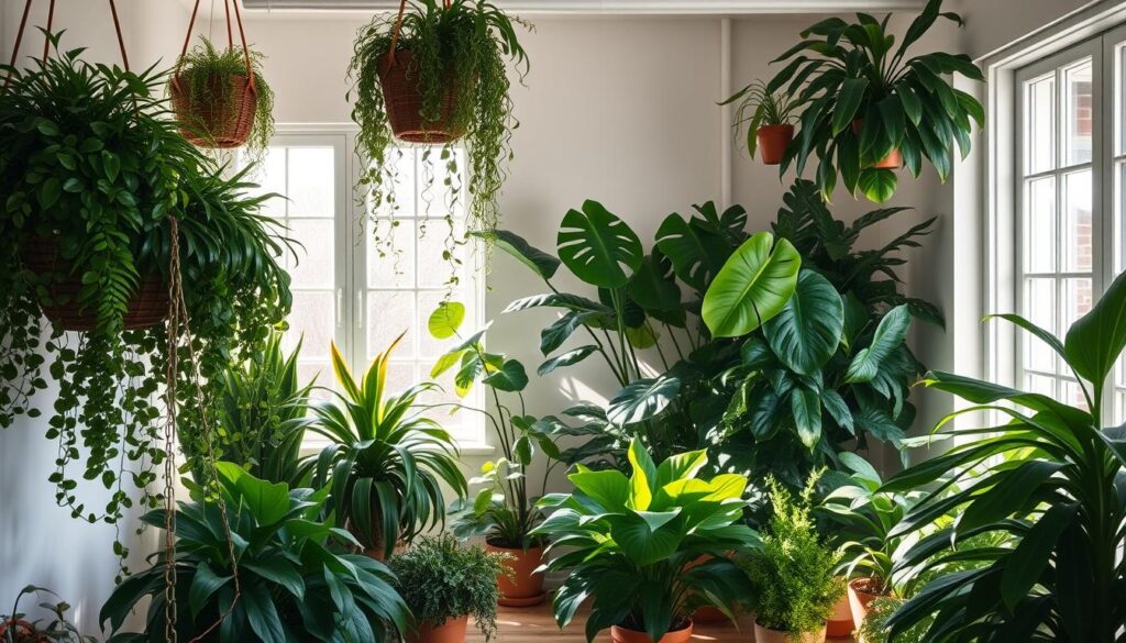 A cozy, well-lit indoor sanctuary filled with a variety of lush, vibrant houseplants. In the foreground, a mix of leafy ferns, succulents, and trailing vines cascade from hanging baskets and shelves, casting soft shadows. The middle ground features larger potted plants like monstera and fiddle-leaf figs, their broad leaves gently swaying. Sunlight streams in through large windows, illuminating the scene with a warm, natural glow. The background is a tranquil, minimalist space with neutral tones and clean lines, allowing the greenery to take center stage and create a serene, restorative atmosphere.