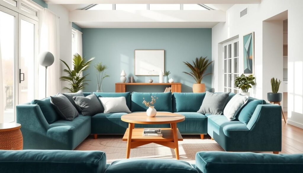 A cozy, well-lit interior design scene showcasing the psychological effects of cool colors. In the foreground, a plush velvet sofa in a soothing blue-green hue, complemented by textured throw pillows in shades of slate and teal. The middle ground features a mid-century modern coffee table, its clean lines and natural wood tones providing a calming contrast. In the background, floor-to-ceiling windows allow natural light to flood the space, casting a serene, tranquil atmosphere. Artfully placed plants and minimal, minimalist decor elements reinforce the sense of tranquility and relaxation. The overall mood is one of zen-like serenity, inviting the viewer to unwind and experience the restorative power of cool color palettes.