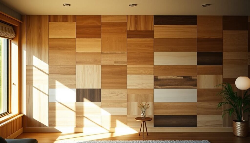 A cozy, well-lit interior with a focal wall featuring an assortment of affordable, yet stylish wall paneling solutions. The paneling showcases a range of textures and finishes, from natural wood to sleek, modern laminates. The room is bathed in warm, inviting light, highlighting the depth and visual interest of the paneled wall. The overall atmosphere is one of comfort and thoughtful design, showcasing how accessible and transformative wall paneling can be for a variety of interior spaces.