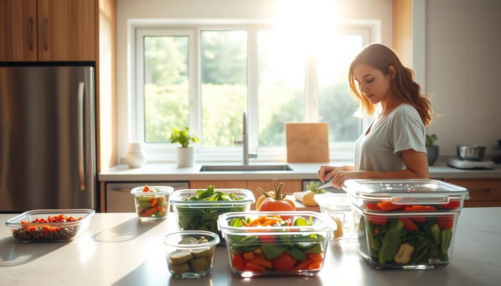 A cozy, well-lit kitchen on a sunny Sunday morning. In the foreground, a woman stands at the counter, chopping fresh vegetables with precision. Nearby, glass containers filled with pre-portioned meals line the counter, their contents neatly organized. The middle ground features a modern, minimalist kitchen with stainless steel appliances and natural wood accents. In the background, a large window overlooks a lush, green yard, bathing the scene in warm, golden light. The woman's expression is focused yet serene, embodying the ritual of meal prepping as a meditative act of self-care.