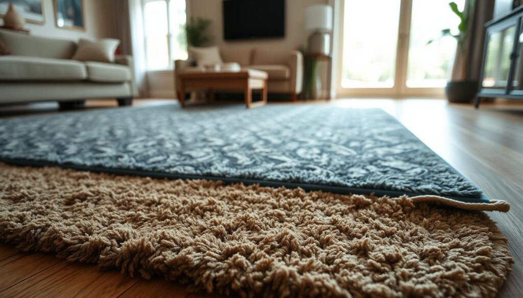 A cozy, well-lit living room featuring a layered rug arrangement. In the foreground, a plush, textured area rug in earthy tones anchors the space, its edges gently curling. Atop this, a mid-sized, patterned rug in shades of blue and gray creates a visually compelling contrast. In the background, a wooden floor boards provide a warm, natural backdrop, bathed in soft, diffused lighting from a large window. The overall scene exudes a sense of depth, comfort, and refined elegance, perfectly suited for defining distinct zones within an open-plan home.