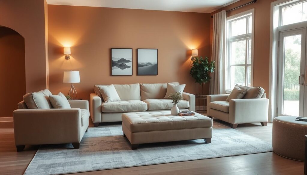 A cozy, well-lit living room filled with neutral tones that create depth. The focal point is a large, plush sofa in a soft beige hue, flanked by two matching armchairs in a slightly darker shade. The walls are painted in a warm, earthy tone, allowing the furniture to stand out. A large area rug in a subtle gray pattern grounds the space, adding texture and dimension. Soft, indirect lighting from wall sconces casts a gentle glow, while a large window allows natural light to filter in, creating a calming, inviting atmosphere. The overall effect is one of soothing sophistication, where the neutral palette serves to enhance the sense of space and openness.