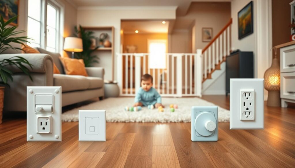 A cozy, well-lit living room setting with a serene, family-friendly atmosphere. In the foreground, various child safety measures are prominently displayed: corner guards on furniture, electrical outlet covers, child-proof latches on cabinets, and a baby gate blocking access to a staircase. In the middle ground, a young child plays safely on a plush area rug, surrounded by soft, pastel-colored toys. The background features warm, diffused lighting, suggesting a calm, inviting environment. The overall scene conveys a sense of security and care, emphasizing the importance of creating a child-safe home.