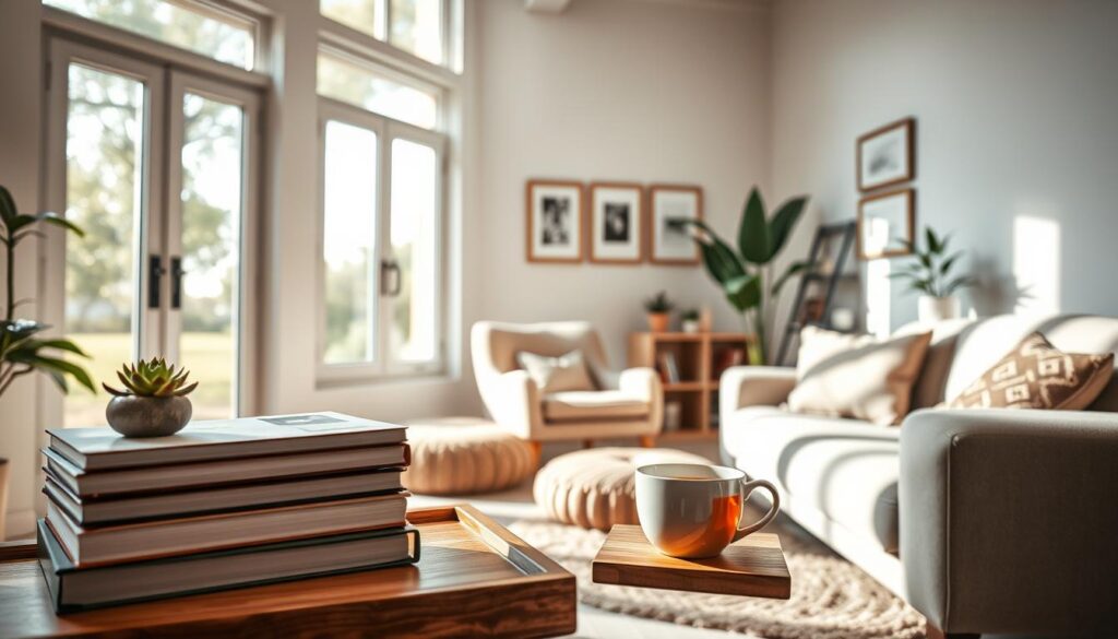 A cozy, well-lit living room with natural light streaming through large windows. In the foreground, a neatly arranged stack of books, a soothing cup of tea, and a few succulents on a wooden side table. In the middle ground, a plush armchair and a comfortable floor cushion invite relaxation. The background features a minimalist gallery wall with framed artwork and a small, uncluttered bookshelf. The overall atmosphere is serene, calming, and inviting, evoking a sense of rejuvenation and mindfulness.