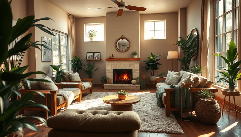 A cozy, well-lit living room with soft, warm lighting emanating from a central fireplace. The room is filled with natural textures and organic shapes, including plush rugs, wooden furniture, and lush houseplants. Sunlight streams in through large windows, casting a gentle glow over the space. The atmosphere is calming and rejuvenating, conveying a sense of harmony and balanced energy flow. The camera angle is slightly elevated, capturing the room's inviting ambiance and the positive, revitalizing vibes radiating throughout the space.