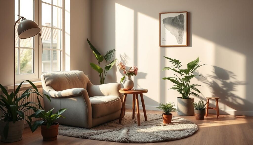 A cozy, well-lit relaxation corner in a modern, minimalist living space. A plush, oversized armchair in a neutral, earthy tone sits atop a fluffy, textured rug. Surrounded by potted plants, a small wooden side table holds a simple ceramic vase with fresh flowers. Soft, natural light filters in through a large window, casting a warm glow on the scene. The walls are painted in a calming, muted color palette, with a single piece of abstract wall art adding a touch of visual interest. The overall atmosphere is one of tranquility and comfort, inviting the viewer to sink in and unwind.