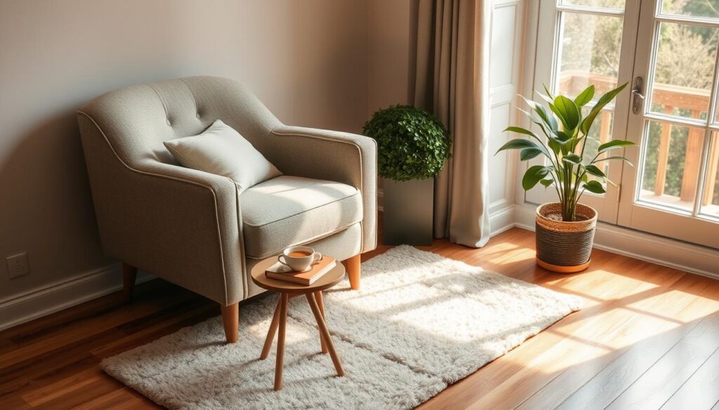 A cozy, well-lit relaxation corner with a plush armchair, a small side table, and a potted plant. The chair is positioned near a large window that allows natural light to stream in, creating a warm and inviting atmosphere. A soft, neutral-toned rug covers the hardwood floor, adding a touch of comfort and texture. The side table holds a cup of hot tea and a few carefully chosen books, suggesting a tranquil and contemplative space. The potted plant, with its lush green foliage, brings a natural element to the scene, enhancing the sense of serenity. The overall composition evokes a serene, calming, and rejuvenating environment perfect for self-care and relaxation.