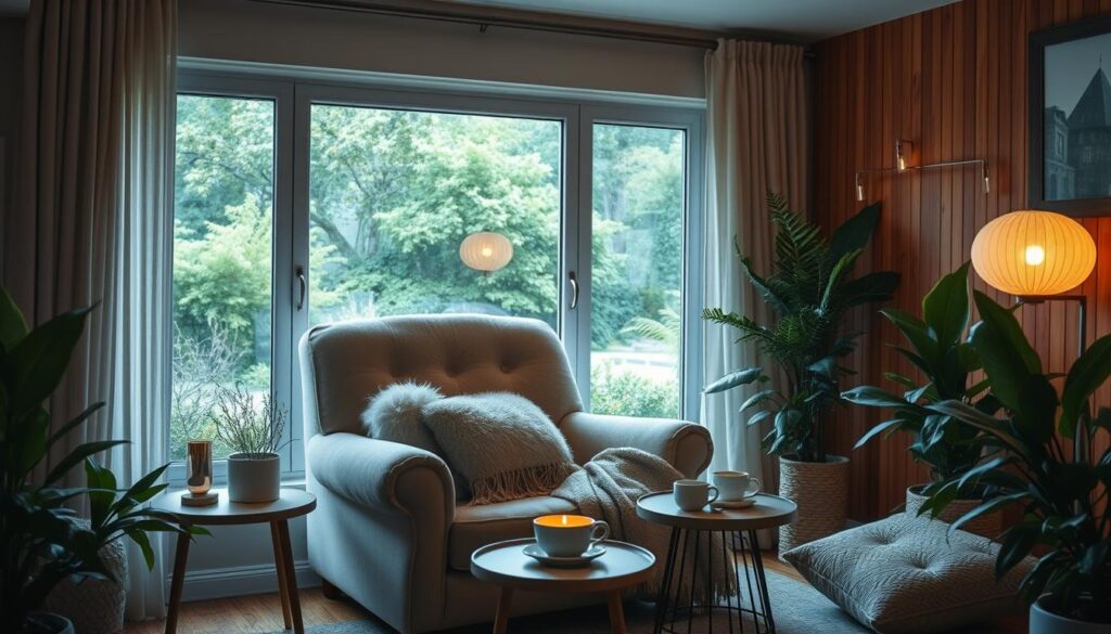 A cozy, well-lit relaxation corner with an oversized, plush armchair positioned in front of a large window overlooking a tranquil garden. Soft, ambient lighting bathes the space, creating a soothing atmosphere. The chair is adorned with fluffy, neutral-toned pillows and a cozy throw blanket. A small side table holds a hot beverage and a few calming, nature-inspired decor pieces. The room is accented with warm wood tones and lush, verdant houseplants that add to the serene, restorative ambiance. The overall scene evokes a sense of comfort, peace, and an invitation to unwind and recharge.