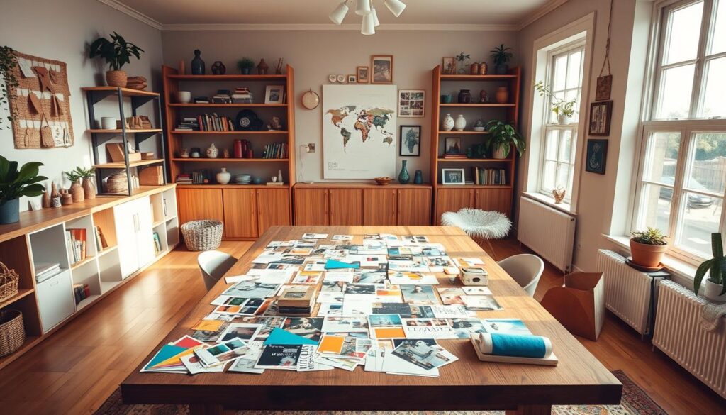 A cozy, well-lit room with a large wooden table serving as the centerpiece for a DIY mood board project. Colorful swatches of fabric, paint samples, magazine clippings, and inspirational photographs are neatly arranged on the table's surface, creating a visually engaging collage. Shelves along the walls display an array of decorative objects, plants, and other home decor items that complement the mood board's aesthetic. Warm, natural lighting from large windows casts a soft glow on the scene, evoking a sense of creativity and experimentation. The overall atmosphere is one of thoughtful design and personal expression, inviting the viewer to immerse themselves in the process of crafting a custom mood board for their dream home decor.