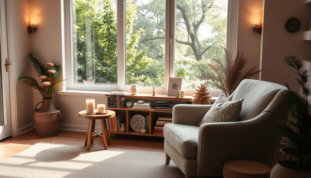 A cozy, well-lit self-care sanctuary filled with natural elements. In the foreground, a large, soft armchair sits beside a wooden side table with a minimalist lamp, a scented candle, and a cup of herbal tea. The middle ground features a small, low-profile bookshelf displaying an array of inspirational books and decorative items. Soft, indirect lighting from wall sconces casts a warm glow, while an expansive window in the background offers a serene view of lush greenery outside. The overall atmosphere is one of tranquility, comfort, and mindfulness, designed to enhance relaxation and personal rejuvenation.
