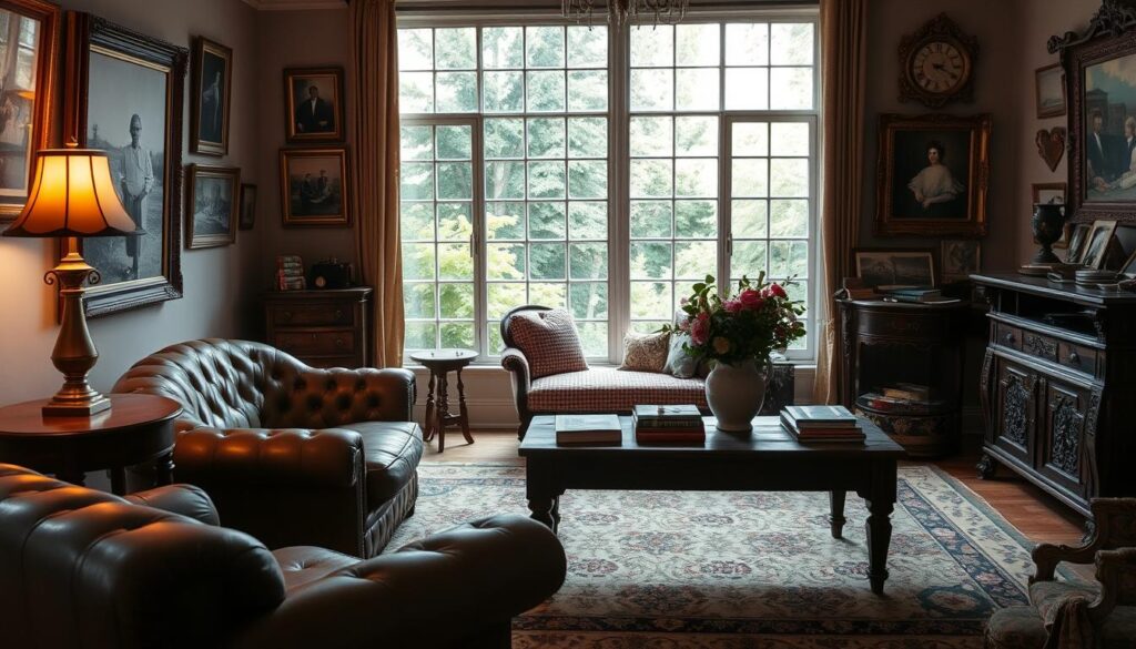 A cozy, well-lit vintage living room, showcasing a collection of carefully curated antique furnishings and decor. In the foreground, a plush, tufted leather armchair sits beside a delicate side table with a brass lamp casting a warm glow. The middle ground features a worn, patterned area rug and a sturdy wooden coffee table topped with vintage books and a ceramic vase filled with fresh flowers. Along the walls, framed black-and-white photographs and oil paintings in ornate gilded frames add character and depth. In the background, a large, leaded-glass window overlooks a lush, verdant garden, allowing natural light to flood the space and create a serene, timeless atmosphere.