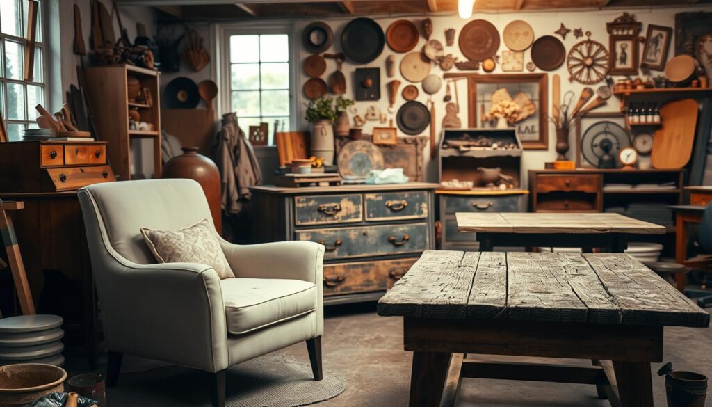 A cozy, well-lit workshop filled with vintage furniture in various stages of transformation. In the foreground, a mid-century armchair is being lovingly restored, its classic lines accentuated by a fresh coat of satin-smooth paint. Nearby, a weathered dresser awaits its turn, its worn wood panels hinting at a storied past. In the middle ground, a rustic table is being repurposed, its rough-hewn surface sanded and stained to showcase the natural grain. The background reveals a wall of carefully curated found objects and upcycled decor, casting a warm, inviting glow over the entire scene. The overall atmosphere conveys a sense of creativity, craftsmanship, and a reverence for the past, perfectly capturing the essence of vintage furniture upcycling.