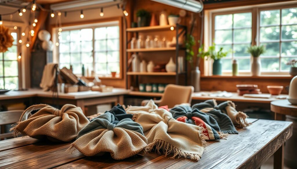 A cozy, well-lit workshop setting with a set of handmade draft stoppers in the foreground. The draft stoppers are made from recycled materials like scrap fabric, burlap, and old t-shirts, neatly arranged on a rustic wooden table. In the middle ground, shelves display various DIY decor items like string lights, mason jars, and painted vases. The background features a warm, inviting atmosphere with a large window overlooking a lush, green garden. Soft, diffused lighting casts a gentle glow on the scene, emphasizing the homemade, energy-efficient nature of the DIY draft stoppers.