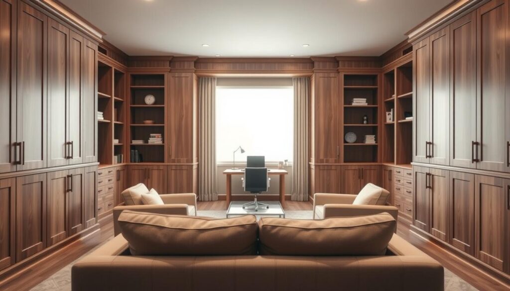 A cozy, well-organized multipurpose room with a warm, inviting atmosphere. The foreground features a comfortable sofa and armchair arrangement, with ample built-in storage units along the walls, offering a balance of functionality and style. Soft, diffused lighting from a large window in the middle ground illuminates the space, casting a gentle glow. The background showcases a minimalist desk setup, blending seamlessly with the overall design. Neutral tones and natural wood accents create a harmonious, serene ambiance, reflecting the versatility and efficiency of the room.