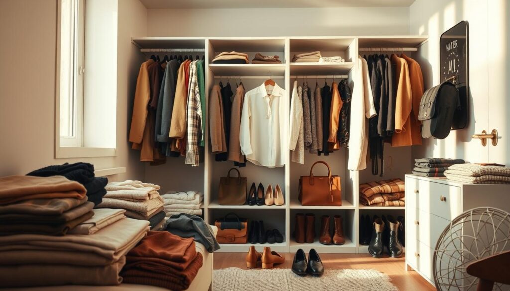 A cozy, well-organized wardrobe with carefully laid out clothing items, accessories, and shoes. The scene is lit by warm, natural lighting filtering through a window, casting a soft glow on the meticulously arranged outfits. In the foreground, neatly folded sweaters, blouses, and trousers are arranged by color and style. The middle ground showcases a variety of shoes, bags, and jewelry pieces, all thoughtfully selected. In the background, a serene, minimalist room with clean lines and muted tones provides a calming backdrop. The overall atmosphere conveys a sense of control, preparedness, and a stress-free morning routine.