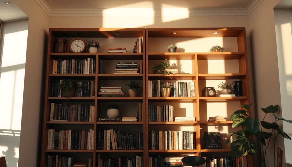 A cozy, well-styled bookshelf stands in a sunlit room, casting warm, soft shadows. The shelves are adorned with a thoughtful mix of hardcover books, potted plants, and a few carefully placed decorative objects - a ceramic vase, a vintage clock, and a small, framed artwork. The lighting, a combination of natural daylight and subtle, recessed fixtures, creates a serene, inviting atmosphere. The camera angle captures the bookshelf at a slight diagonal, allowing the viewer to appreciate the depth and layering of the styling. The overall impression is one of refined, harmonious elegance - a space that reflects the passions and personality of its owner.