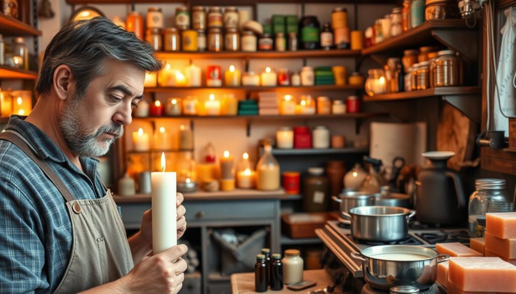 A cozy workshop filled with the tools and materials of candle-making. In the foreground, a skilled artisan examines a half-finished candle, brow furrowed in concentration. Nearby, a candlewick is carefully trimmed, and a pot of melted wax simmers on a vintage stovetop. The middle ground showcases an array of glass jars, essential oils, and wax blocks in an array of colors. In the background, shelves laden with finished candles cast a warm, flickering glow, illuminating the space with a soft, inviting ambiance. The scene is bathed in a mix of natural and soft, directional lighting, capturing the artisanal process of troubleshooting common DIY candle-making problems.