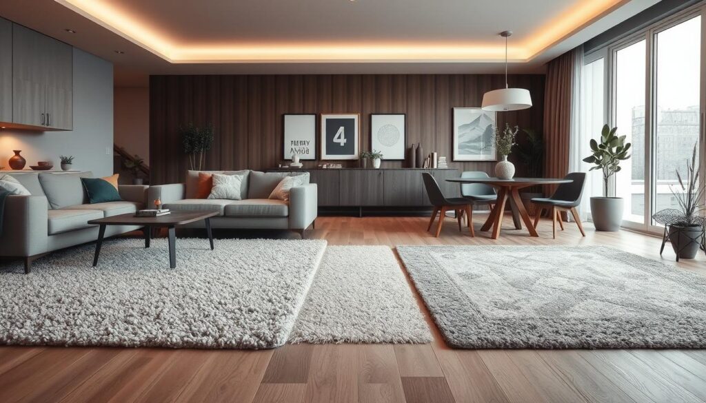 A cozy yet stylish open-plan living room, meticulously lit with soft, warm lighting. Prominently featured in the foreground, an array of high-quality, textured area rugs in complementary hues define distinct zones - a plush shag rug delineates the seating area, while a sleek patterned rug anchors the dining space. Subtle variations in size, shape, and material create a harmonious visual flow, guiding the eye through the seamless, open layout. Subtle accents, such as potted plants and modern furniture, enhance the refined, minimalist aesthetic. The overall atmosphere exudes a sense of balance, comfort, and intentional design, perfectly capturing the essence of "Defining Spaces with Rugs in Open-Plan Homes."