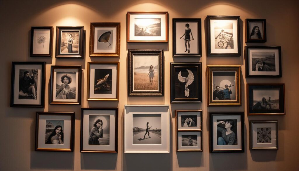 A curated gallery wall with a warm, inviting atmosphere. A carefully arranged collection of framed artworks, photographs, and decorative elements, each piece thoughtfully selected to tell a cohesive visual story. The wall is illuminated by soft, diffused lighting, casting gentle shadows and highlighting the textures and colors of the displayed items. The frames vary in size, shape, and material, creating a visually dynamic and harmonious composition. The background is a muted, neutral tone that allows the artwork to take center stage, while the overall layout is balanced and intentional, guiding the viewer's eye through the display. The mood is one of elegance, creativity, and personal expression, inviting the viewer to pause and engage with the captivating gallery wall.