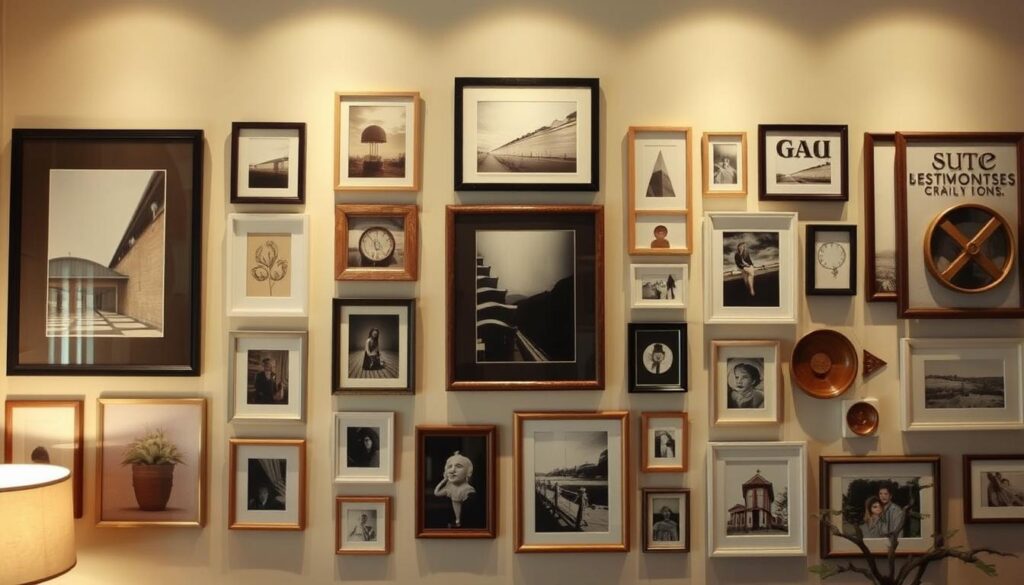 A curated gallery wall with an eclectic mix of framed artworks, photographs, and decorative pieces arranged in a visually striking layout. The compositions feature a harmonious blend of rectangular, square, and circular frames in various sizes, materials, and styles - from sleek, modern minimalism to rustic, vintage charm. Soft, warm lighting casts a cozy, inviting glow, highlighting the textures and details of the displayed items. The walls are a neutral, muted tone that allows the artwork to take center stage, creating a serene, sophisticated ambiance. The overall aesthetic is both visually captivating and personalized, reflecting the unique tastes and stories of the homeowner.
