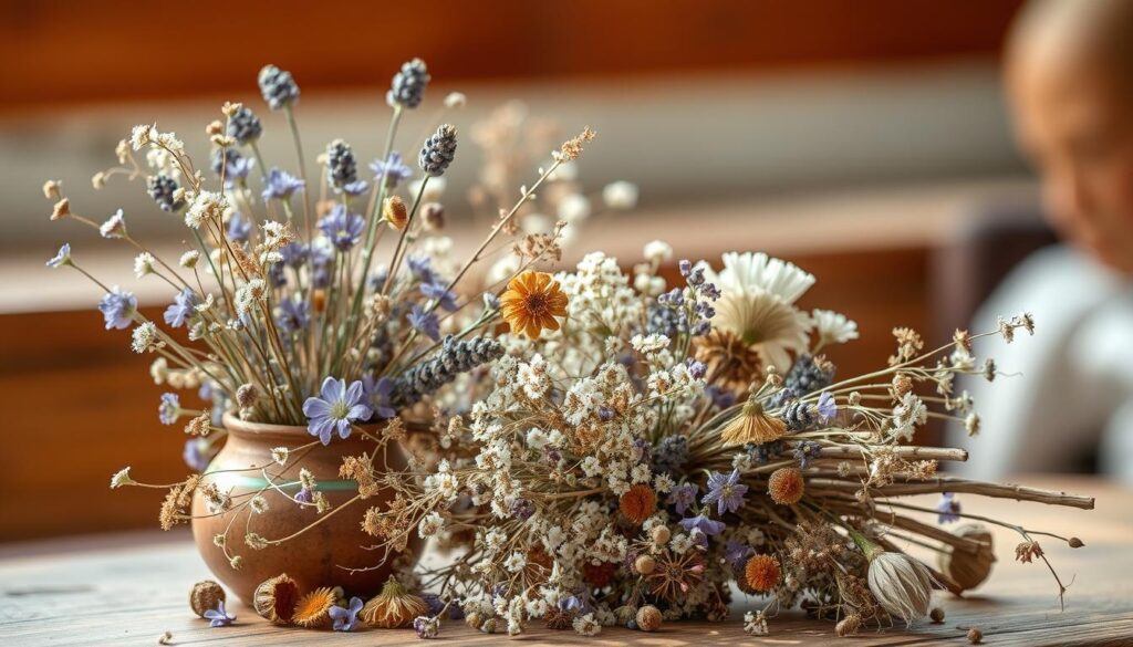 A delicate arrangement of dried flowers in a warm, rustic setting. In the foreground, a mix of delicate wildflowers, fragrant lavender, and wispy baby's breath, artfully displayed in a handcrafted ceramic vase. The middle ground features a scattering of dried seedpods, twigs, and textural elements, creating depth and visual interest. The background is softly blurred, suggesting a cozy, natural environment, perhaps a sun-dappled windowsill or a wooden tabletop. The lighting is soft and diffused, casting a gentle glow on the arrangement, highlighting the intricate details and muted hues of the dried flora. The overall mood is one of timeless elegance and a celebration of nature's enduring beauty.