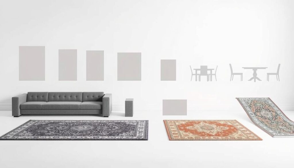 A detailed rug size guide presented in a clean, minimalistic style. The foreground features a neatly organized set of rectangular rug samples in various sizes, arranged to showcase their relative dimensions. The middle ground includes faint outlines or silhouettes of common furniture pieces like sofas and dining tables, providing visual context for the rug sizes. The background is a plain, softly lit backdrop, allowing the rug samples to take center stage. The overall mood is one of informative utility, with a focus on helping the viewer understand how to choose the appropriate rug size for their space. The lighting is soft and even, creating a calm, inviting atmosphere.