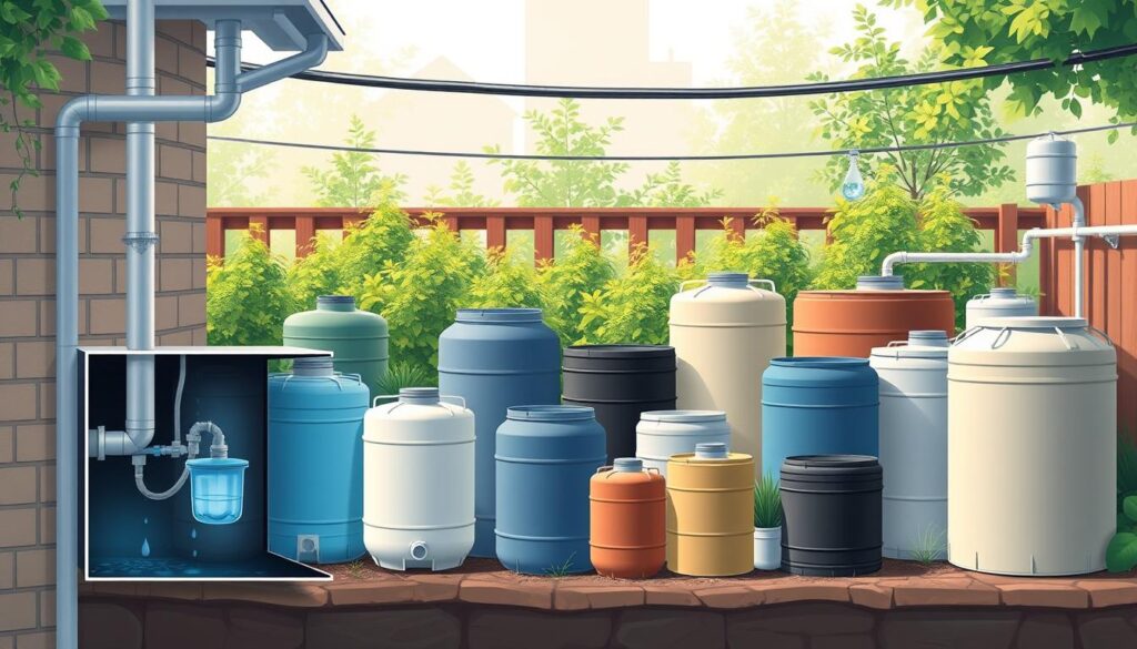 A detailed, technical illustration of various rainwater collection systems for an urban garden. In the foreground, a cutaway view showcases the components of a typical rainwater harvesting setup, including a downspout, storage tank, filtration system, and distribution piping. The middle ground features an array of differently-sized tanks, barrels, and cisterns in various shapes and materials, demonstrating the diverse options for rainwater storage. In the background, a lush, verdant garden thrives, highlighting the practical application of the collected rainwater. The scene is illuminated by soft, natural lighting, emphasizing the eco-friendly nature of the systems. The overall composition conveys a sense of order, functionality, and sustainability, reflecting the "Types of Rainwater Collection Systems" topic.