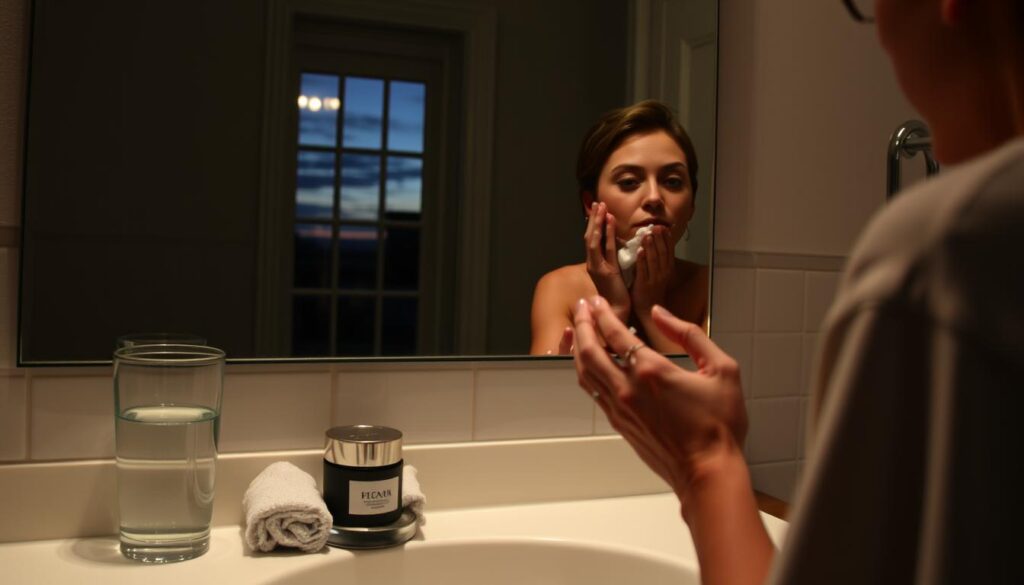 A dimly lit bathroom, the countertop neatly arranged with grooming essentials - a glass of water, a towel, a jar of moisturizer. In the foreground, a person's hands carefully applying face wash, their movements slow and deliberate. The mirror reflects their concentrated expression, the only sound the gentle lapping of water. In the background, a window frames a dusky sky, hinting at the tranquility of the approaching night. The lighting is soft, creating a soothing, meditative atmosphere as the person completes their Sunday night prep routine, preparing for the week ahead.