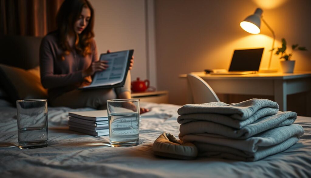A dimly lit bedroom on a Sunday evening. In the foreground, a woman sits on the edge of her bed, meticulously organizing her schedule, to-do lists, and planner for the week ahead. The middle ground features a neatly folded stack of clean clothes, a glass of water, and a pair of slippers waiting to be worn. In the background, a desk with a laptop, a cup of tea, and a small plant casts a warm glow, creating a cozy, contemplative atmosphere. The scene is bathed in a soft, golden light, conveying a sense of tranquility and intentionality as the woman prepares for the week to come.