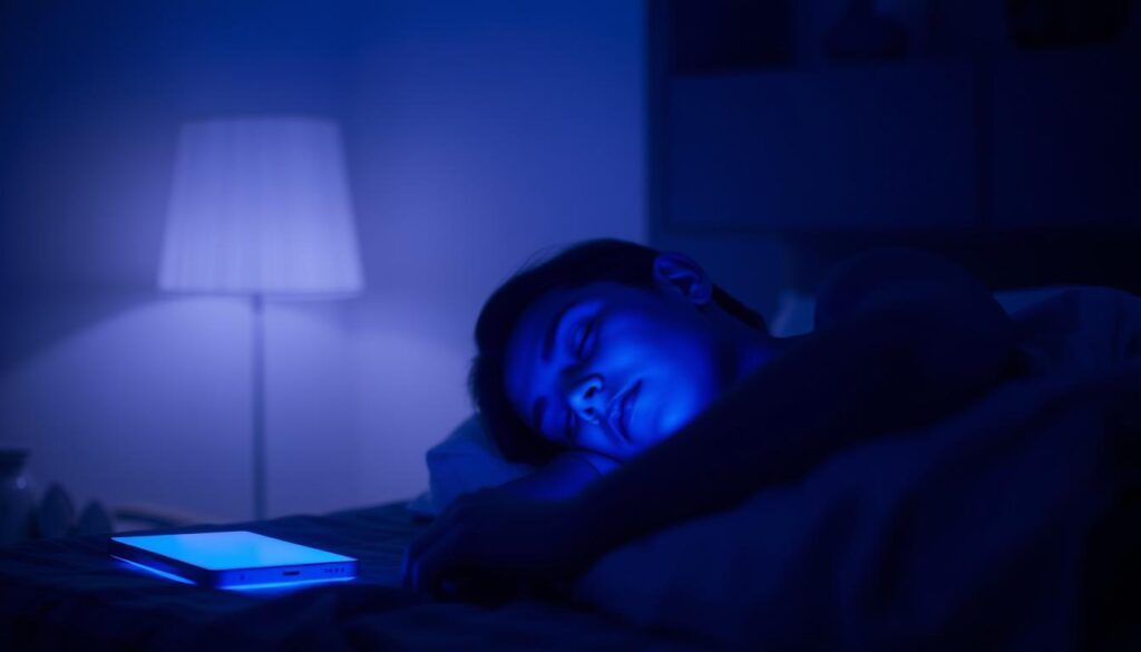 A dimly lit bedroom with a soft, blue glow emanating from a digital device on the nightstand. The light casts a subtle, ethereal hue across the sleeping figure, their face partially obscured by shadows. In the background, the room is enveloped in a tranquil, hazy atmosphere, as if the blue light is seeping into the very fabric of the space. The scene conveys a sense of the disruptive impact of screen time on restful sleep, highlighting the importance of a digital detox before bed.