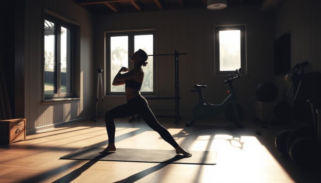 A dimly lit home gym interior, with natural light filtering in through large windows. In the foreground, a person is performing a series of full-body exercises on a yoga mat, their silhouette casting long shadows on the floor. The middle ground features various workout equipment, including a weight rack, resistance bands, and a sleek exercise bike. The background showcases a minimalist, yet well-equipped space, with bare wooden walls and an uncluttered layout, conveying a sense of tranquility and focus. The lighting is soft and warm, creating a calming atmosphere for an effective home workout routine.