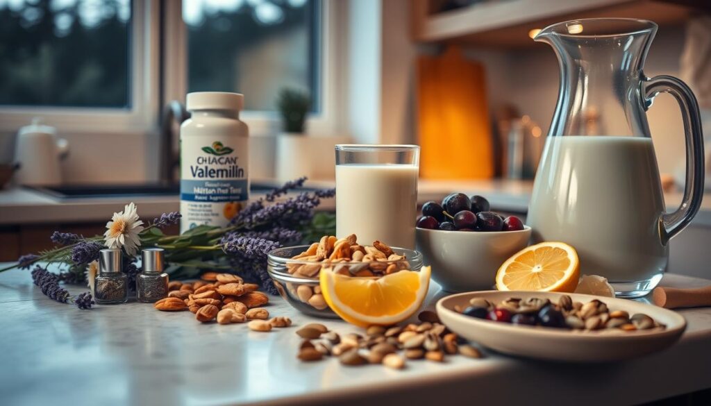 A dimly lit kitchen counter, soft evening light filtering through a window. In the foreground, an assortment of sleep-promoting superfoods - chamomile tea, valerian root, melatonin supplements, and a glass of warm milk. Surrounding these are fresh herbs, like lavender and passionflower, their calming scents permeating the air. In the middle ground, a bowl of mixed nuts, dried cherries, and a sprinkle of magnesium-rich pumpkin seeds. A water carafe and a slice of lemon complete the scene, symbolizing the importance of hydration for restful sleep. The overall mood is one of tranquility and mindfulness, guiding the viewer towards an evening wind-down routine focused on nourishing the body and mind for a good night's rest.