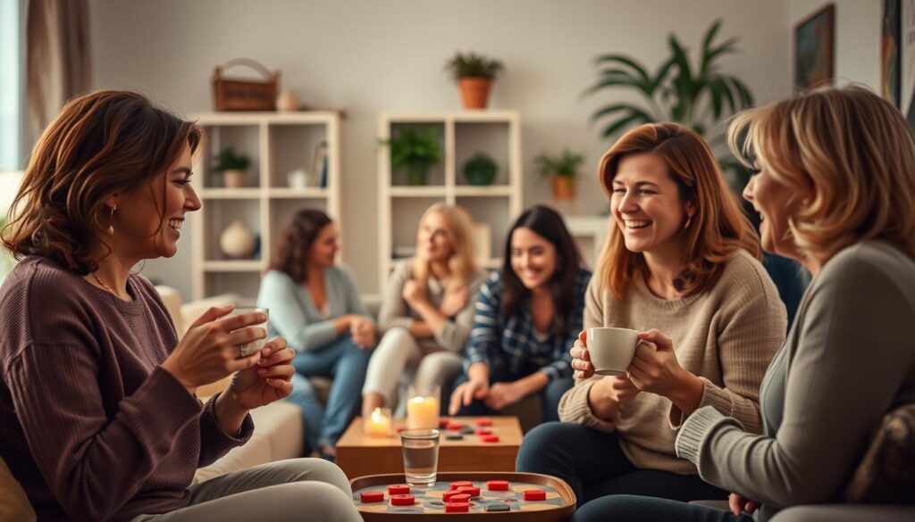 A group of women gathered in a cozy living room, engaged in lively conversation. Soft ambient lighting bathes the scene, creating a warm and inviting atmosphere. In the foreground, two friends sip tea while animatedly sharing stories, their expressions reflecting genuine connection and care. The middle ground features a group of women playing a board game, their faces lit by the glow of laughter. In the background, a bookshelf and houseplants suggest a comfortable, homey setting conducive to nurturing social bonds. The overall impression is one of women supporting and uplifting one another, finding joy and restoration in the act of coming together.