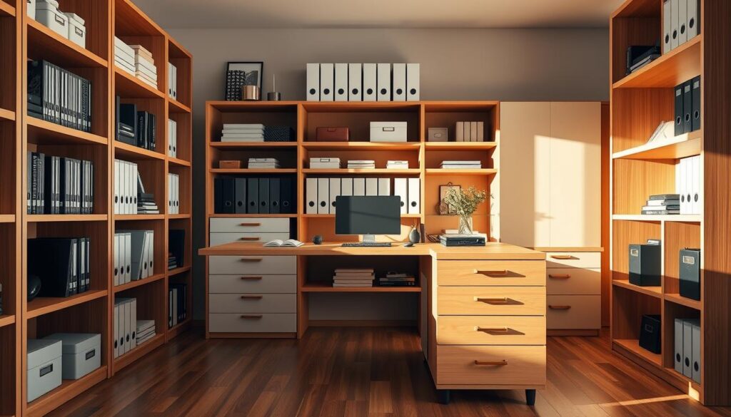 A home office with an assortment of storage solutions, bathed in warm, natural lighting. Sleek wooden shelves line the walls, housing neatly organized binders, files, and stylish storage boxes. A central desk features a mix of open storage cubbies and discreet drawers, allowing for easy access to daily essentials. In the foreground, a modern, minimalist filing cabinet stands, its drawers slightly ajar to reveal the orderly arrangement within. The overall atmosphere is one of efficiency and tranquility, creating a productive and inviting workspace.