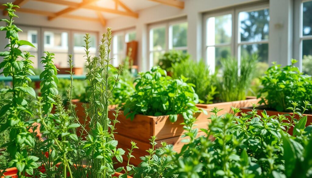 A lush indoor herb garden thriving under warm, natural lighting. In the foreground, vibrant green sprigs of basil, thyme, and rosemary stand tall in terra cotta pots. In the middle ground, clusters of fragrant mint, chives, and oregano cascade over the edges of wooden planter boxes. The background features a bright, airy space with large windows overlooking a sun-dappled garden. Soft shadows dance across the scene, creating a serene, inviting atmosphere perfect for an indoor herb sanctuary.