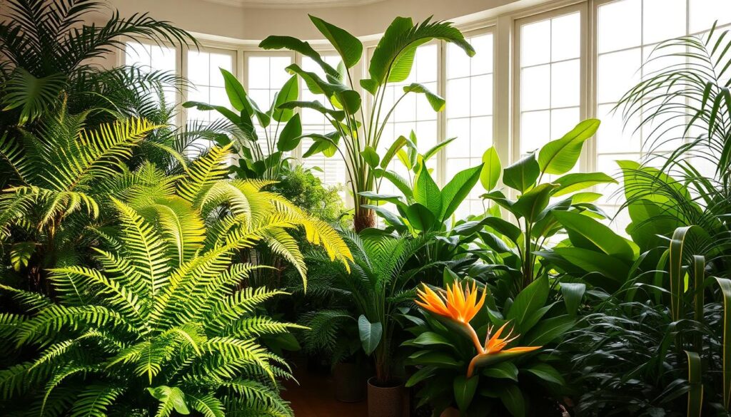 A lush, inviting indoor garden scene featuring a variety of pet-safe foliage. The foreground showcases vibrant, non-toxic houseplants such as Boston ferns, Chinese evergreens, and cast-iron plants, their fronds and leaves gently swaying in soft, natural lighting. The middle ground contains larger, sculptural plants like bird of paradise and fiddle-leaf fig trees, creating a sense of depth and tranquility. The background is filled with a panoramic view of a large bay window, allowing ample sunlight to stream in and highlight the verdant, harmonious composition. Warm, earthy tones and a soothing, meditative atmosphere permeate the scene, inviting the viewer to imagine a safe, welcoming space for both pets and plants to coexist.