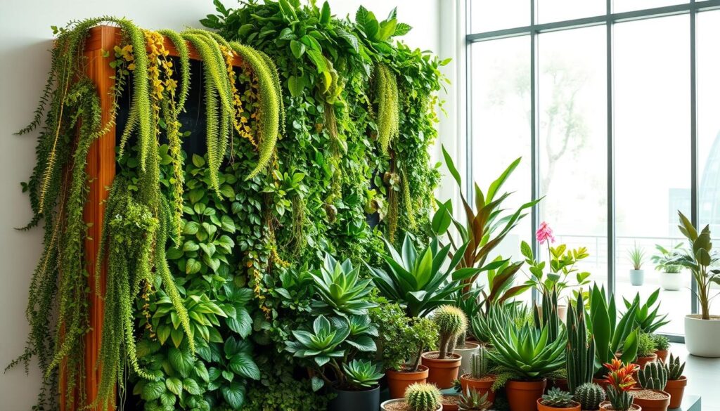 A lush, modern indoor vertical garden design, showcasing a vibrant arrangement of diverse foliage in a well-lit, minimalist setting. In the foreground, a sleek, wooden-framed planter system adorned with an array of cascading vines, ferns, and trailing plants, creating a verdant focal point. The middle ground features a mix of potted succulents, cacti, and flowering plants arranged in a harmonious composition, accentuated by subtle ambient lighting. In the background, a large, floor-to-ceiling window allows natural daylight to flood the space, enhancing the garden's natural ambiance and blurring the line between indoor and outdoor. The overall atmosphere is one of serene tranquility, inviting the viewer to immerse themselves in the calming presence of this thriving indoor oasis.