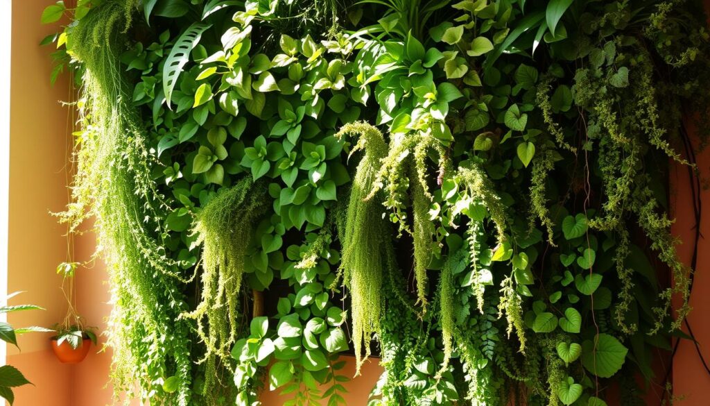 A lush, sun-dappled vertical garden with cascading plants of varying shades of green, ferns, and delicate trailing vines, arranged in a harmonious and visually appealing design. The garden is set against a warm, earthy-toned wall, with gentle highlights and shadows that accentuate the textures and forms of the thriving foliage. The overall composition conveys a sense of tranquility, vibrancy, and a connection to nature, inspiring ideas for an indoor vertical garden that elevates the space.
